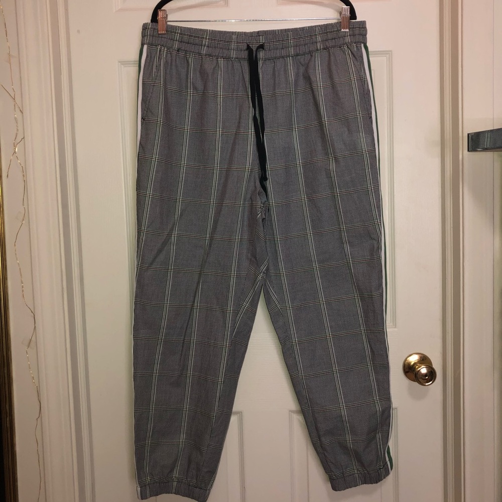 Green plaid track pants